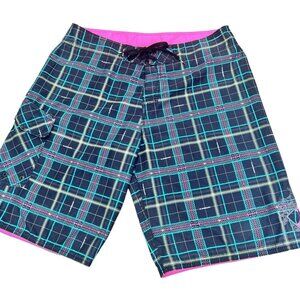 VTG Quicksilver Board Shorts Sz 36 Swim Trunks Neon Plaid Y2K 80’s 90’s Pink
